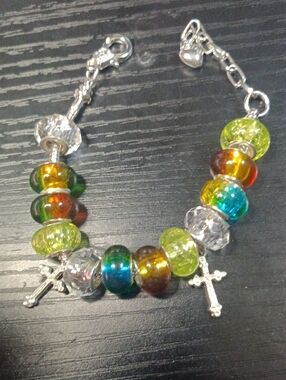 Colorful Glass Bead Charm Bracelet with Crosses
